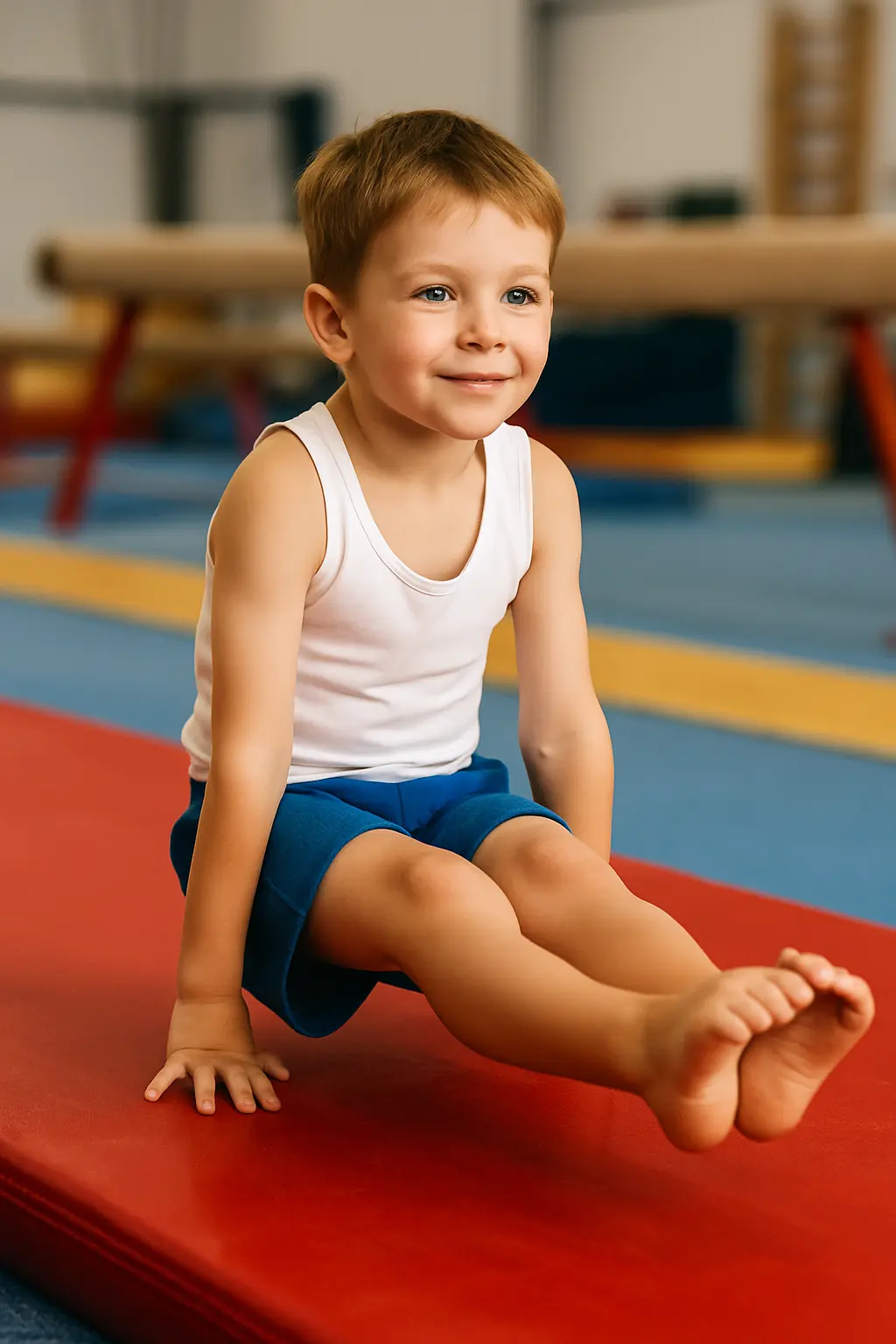 gymnastics-boy-nottinghamshire A young boy in a gymnastics outfit mid-movement during floor exercises, demonstrating strength and coordination.