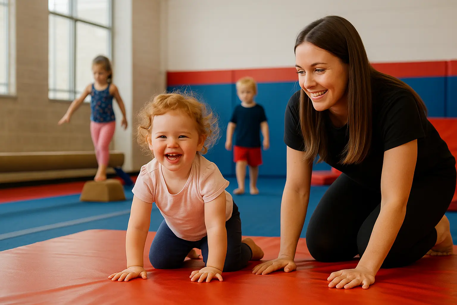 A photograph captures a preschool gymnastics class in session, with young children participating in fun, age-appropriate physical activities inside a bright and colorful gymnasium. The children are guided by an attentive instructor, and the atmosphere is cheerful and supportive.