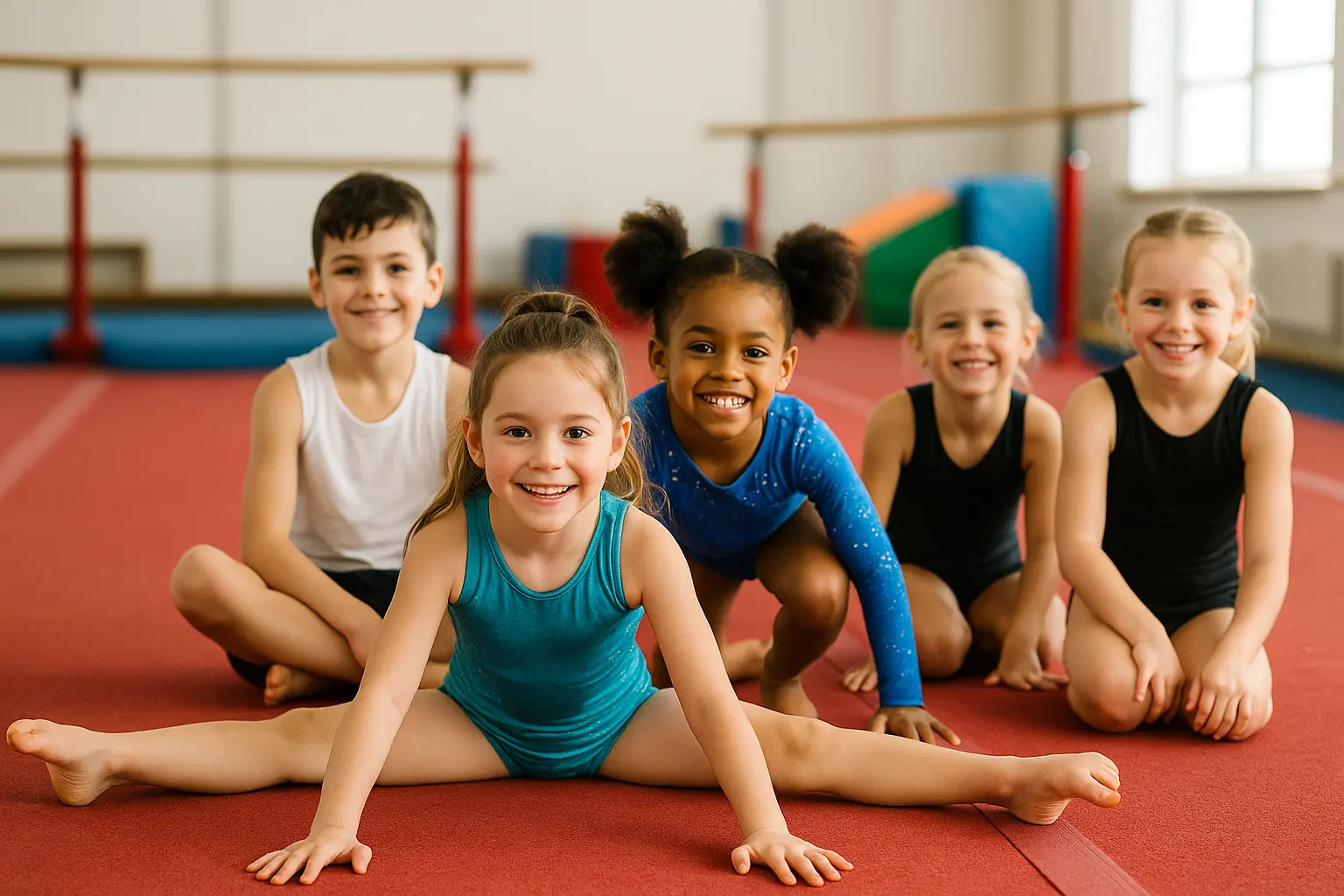 sherwood-oaks-gymnastics-mansfield Four young children practicing gymnastics on a soft mat in a bright indoor gym, smiling and having fun.